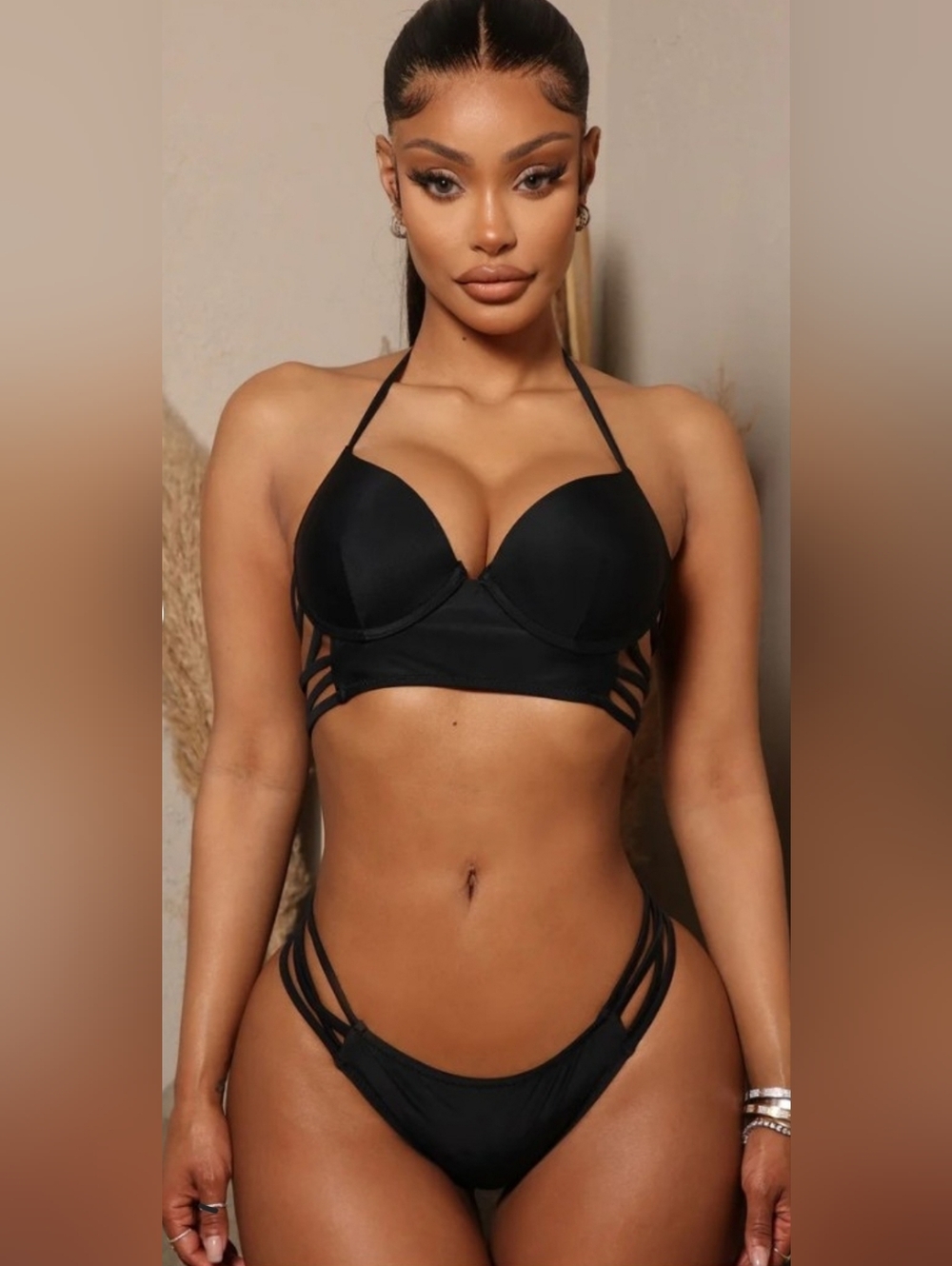 Fashion Nova Black Strappy Bikini Set Small